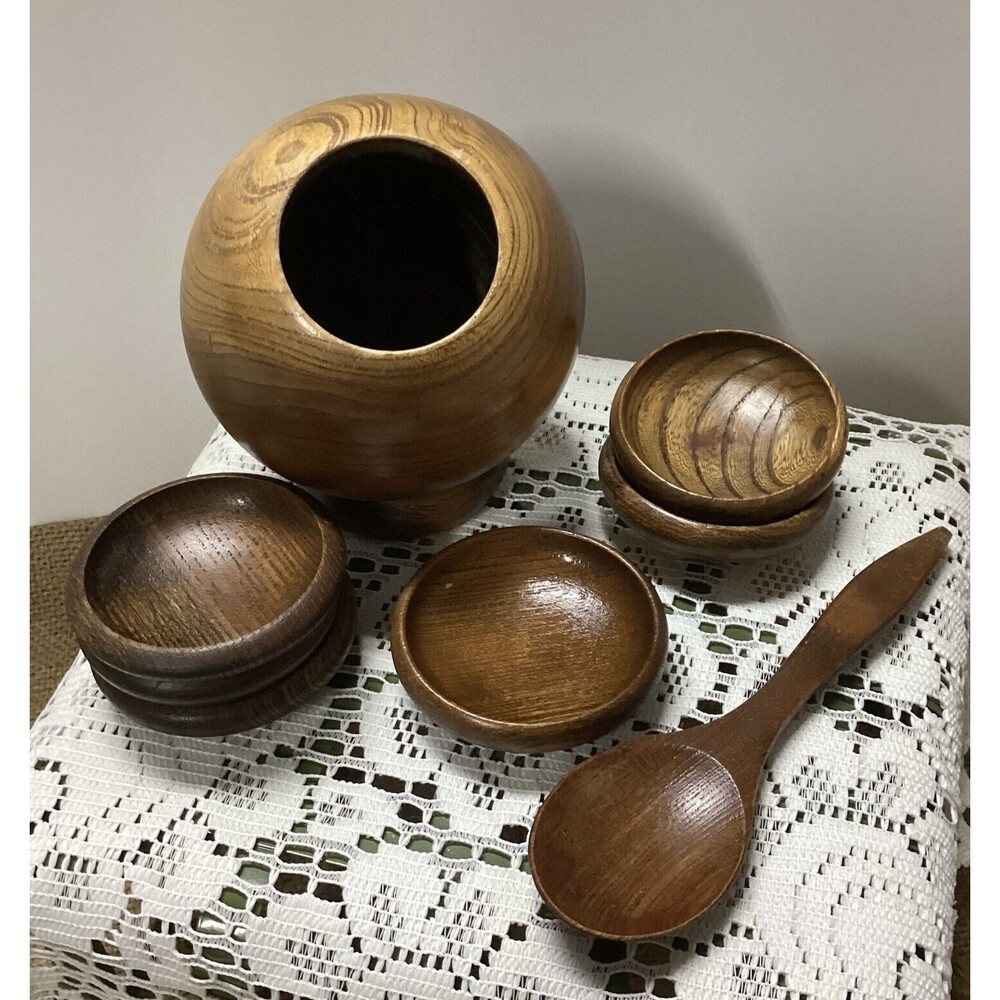 Vintage Mid Century Modern Atomic Wood Orb Sphere Serving Bowl 6 Bowls & Spoon